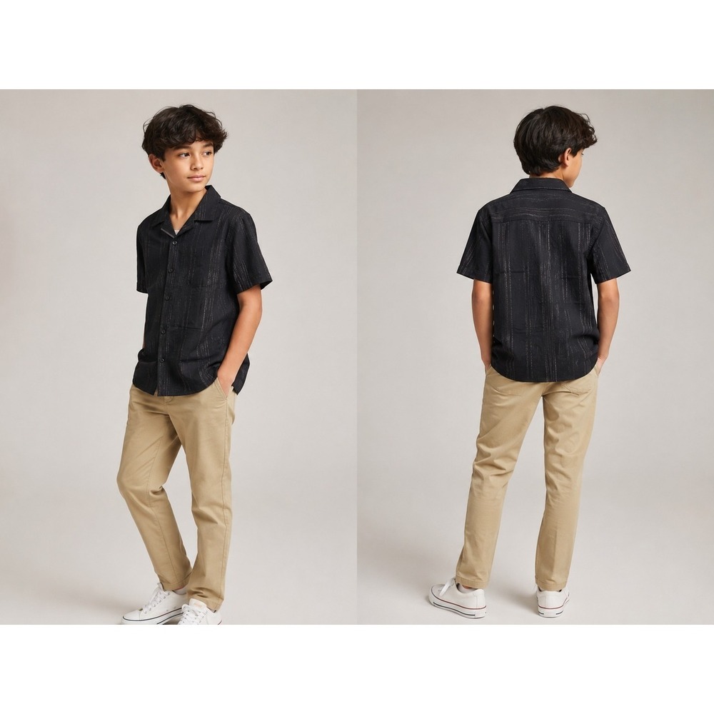 Indent Youth XL Black Rayon Camp Shirt Striped Button Front Casual Trendy Comfy
